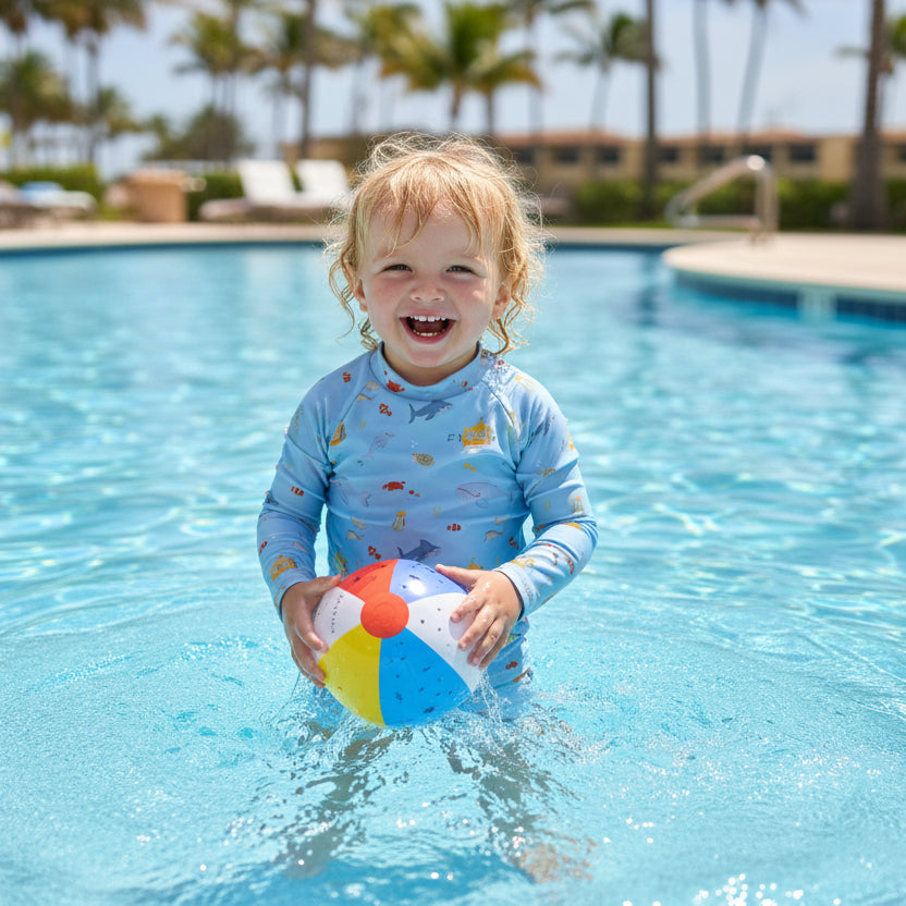 A two-piece kids' swimwear set with a long-sleeved top and swim pants featuring marine fishes